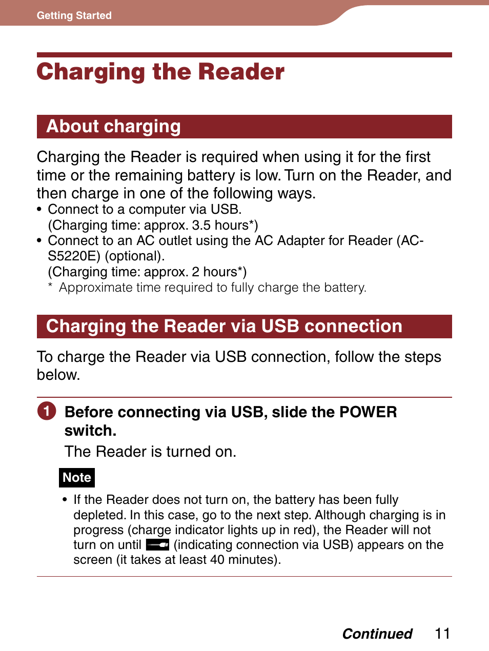 Charging the reader, About charging, Charging the reader via usb connection | Sony PRS-300LC User Manual | Page 11 / 92