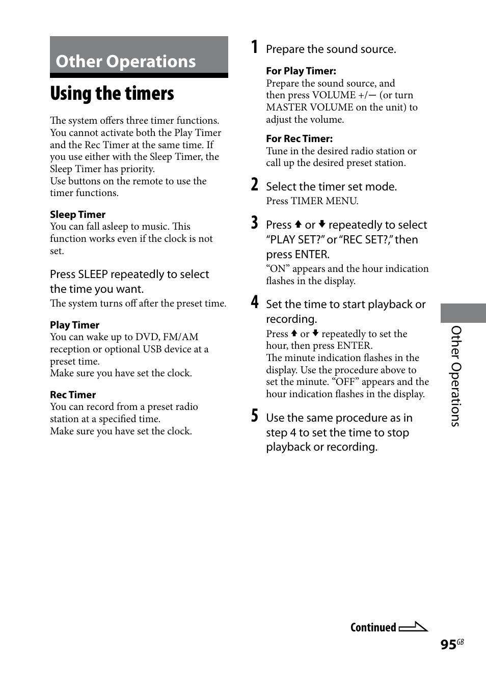 Other operations, Using the timers | Sony LBT-LCD77Di User Manual | Page 95 / 143