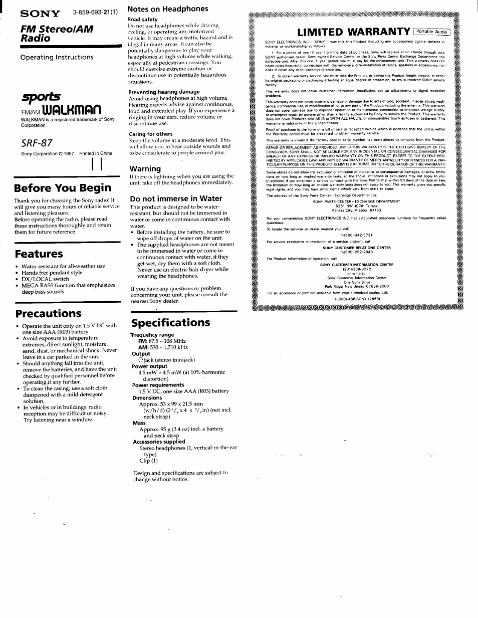 Sony SRF-87 User Manual | 2 pages