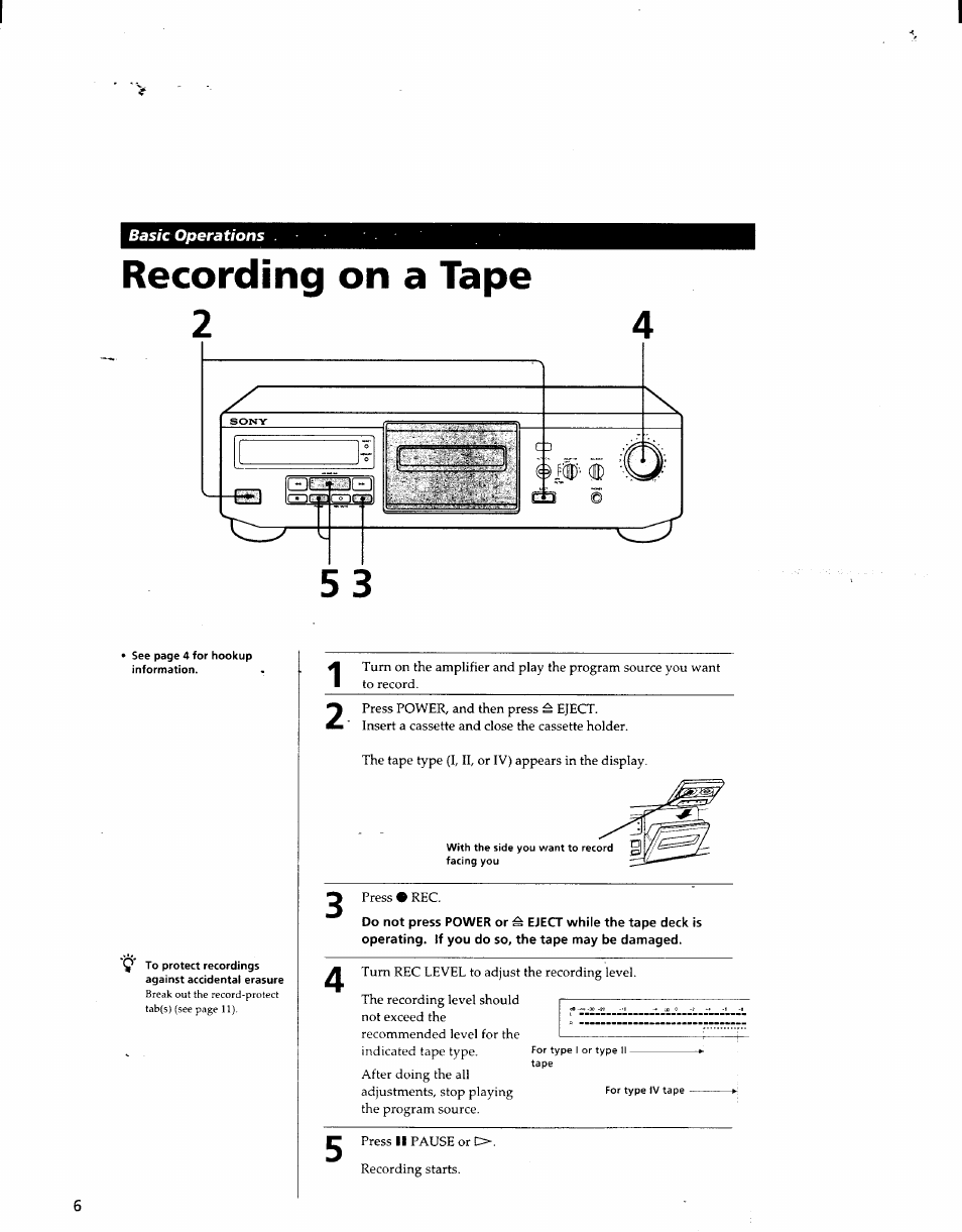 Recording on a tape, Recording on a tape 2 5 3 | Sony TC-KE400S User Manual | Page 6 / 15