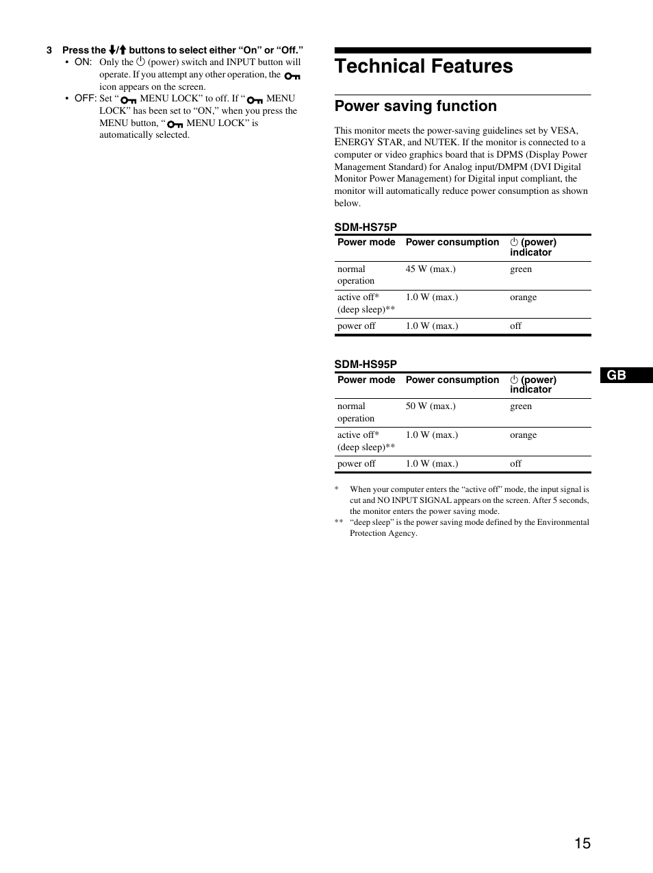 Technical features, Power saving function | Sony SDM-HS95PS User Manual | Page 15 / 20