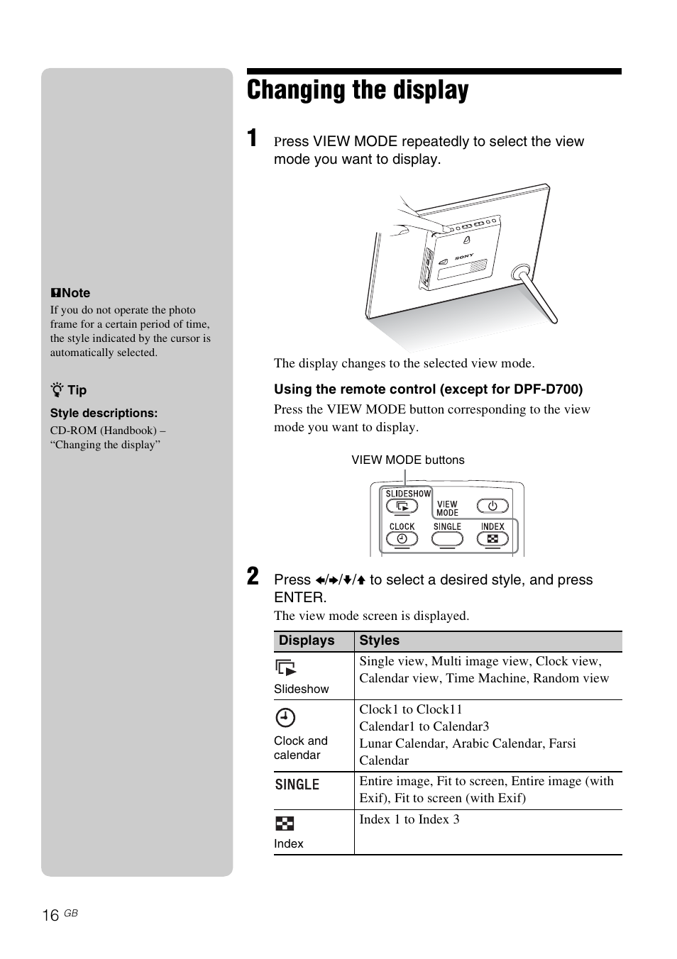 Changing the display | Sony DPF-D1020 User Manual | Page 16 / 40