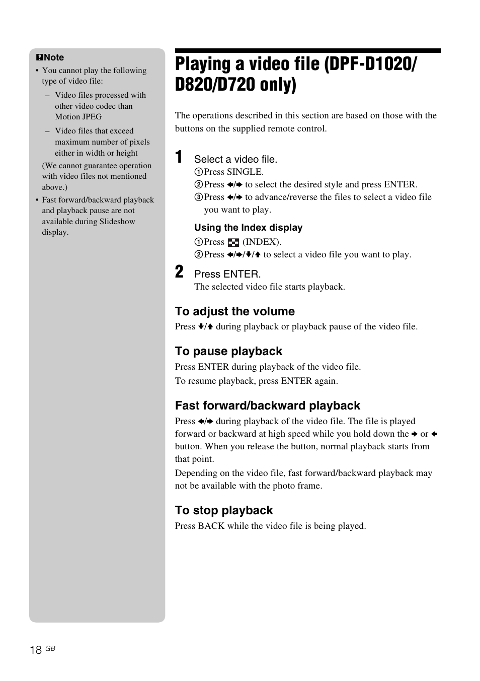 Playing a video file (dpf-d1020/d820/d720 only), Fast forward/backward playback | Sony DPF-D1020 User Manual | Page 18 / 40