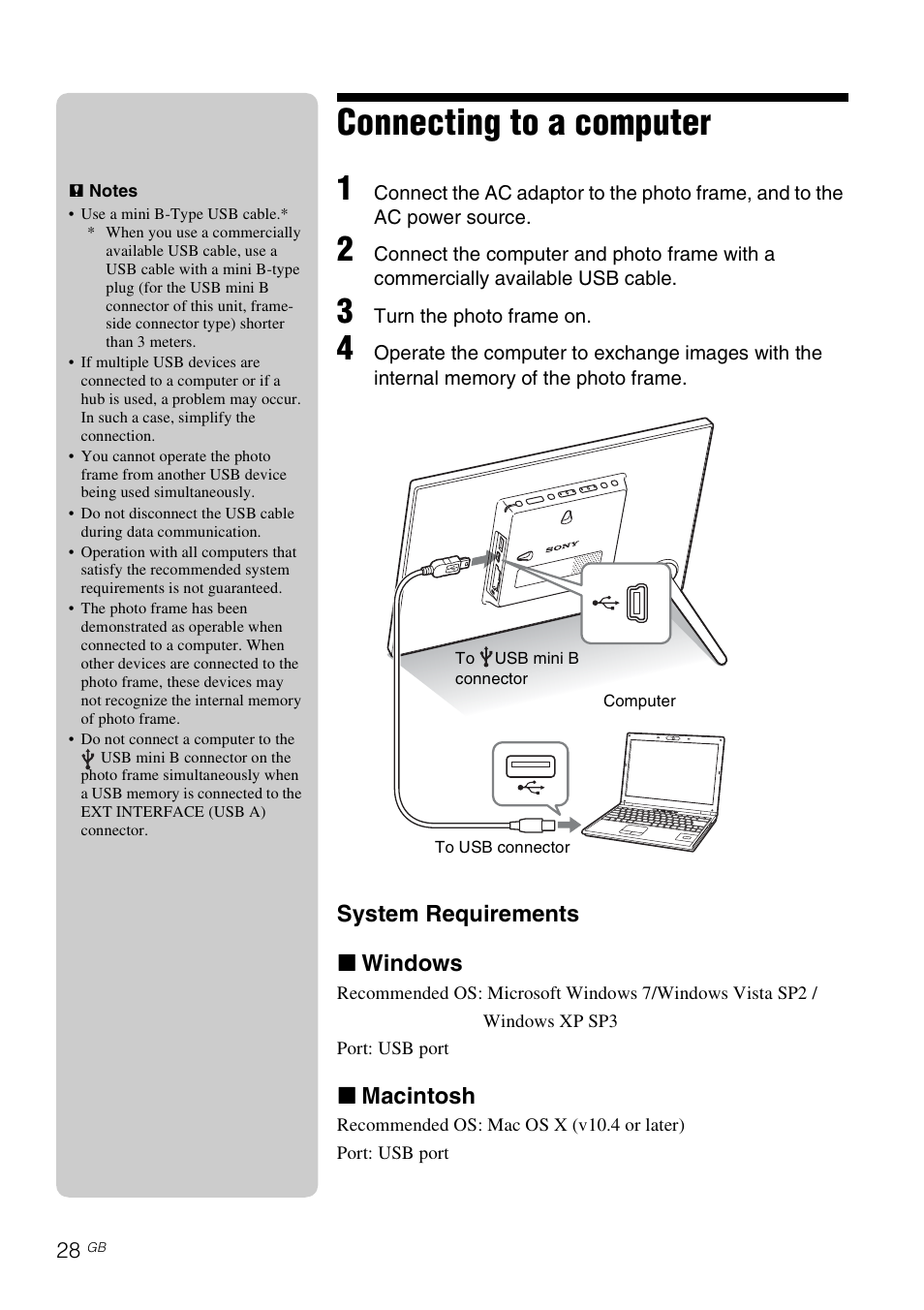 Connecting to a computer, System requirements x windows, X macintosh | Sony DPF-D1020 User Manual | Page 28 / 40