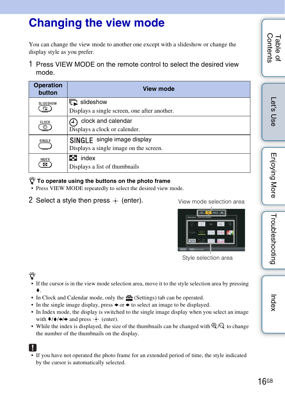 Changing the view mode | Sony DPF-HD800 User Manual | Page 16 / 63