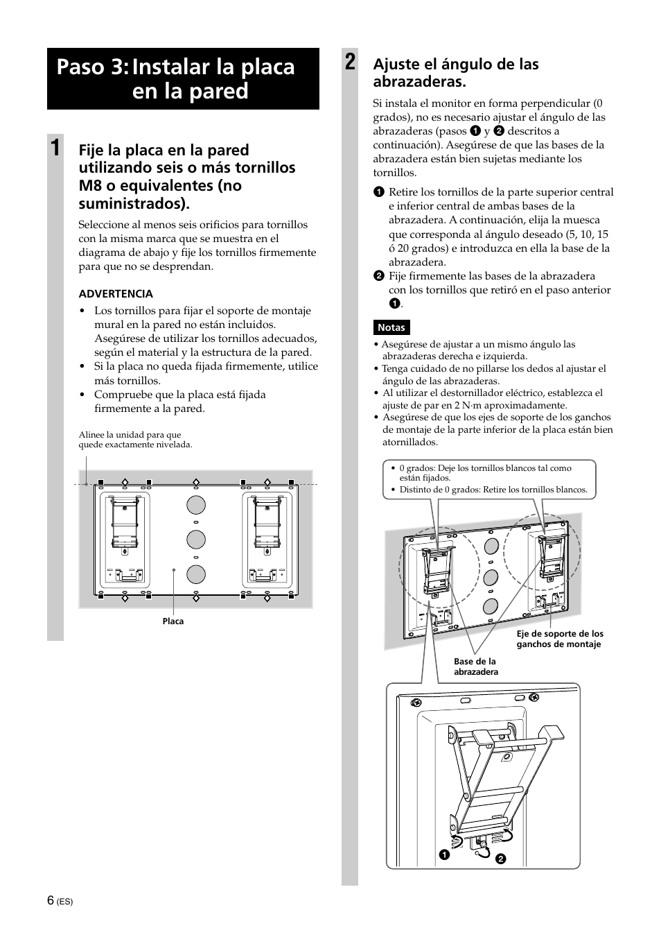 Paso 3: instalar la placa en la pared, Paso 3: instalar la placa en la pared 1, Ajuste el ángulo de las abrazaderas | Sony SU-XWQ005 User Manual | Page 32 / 40