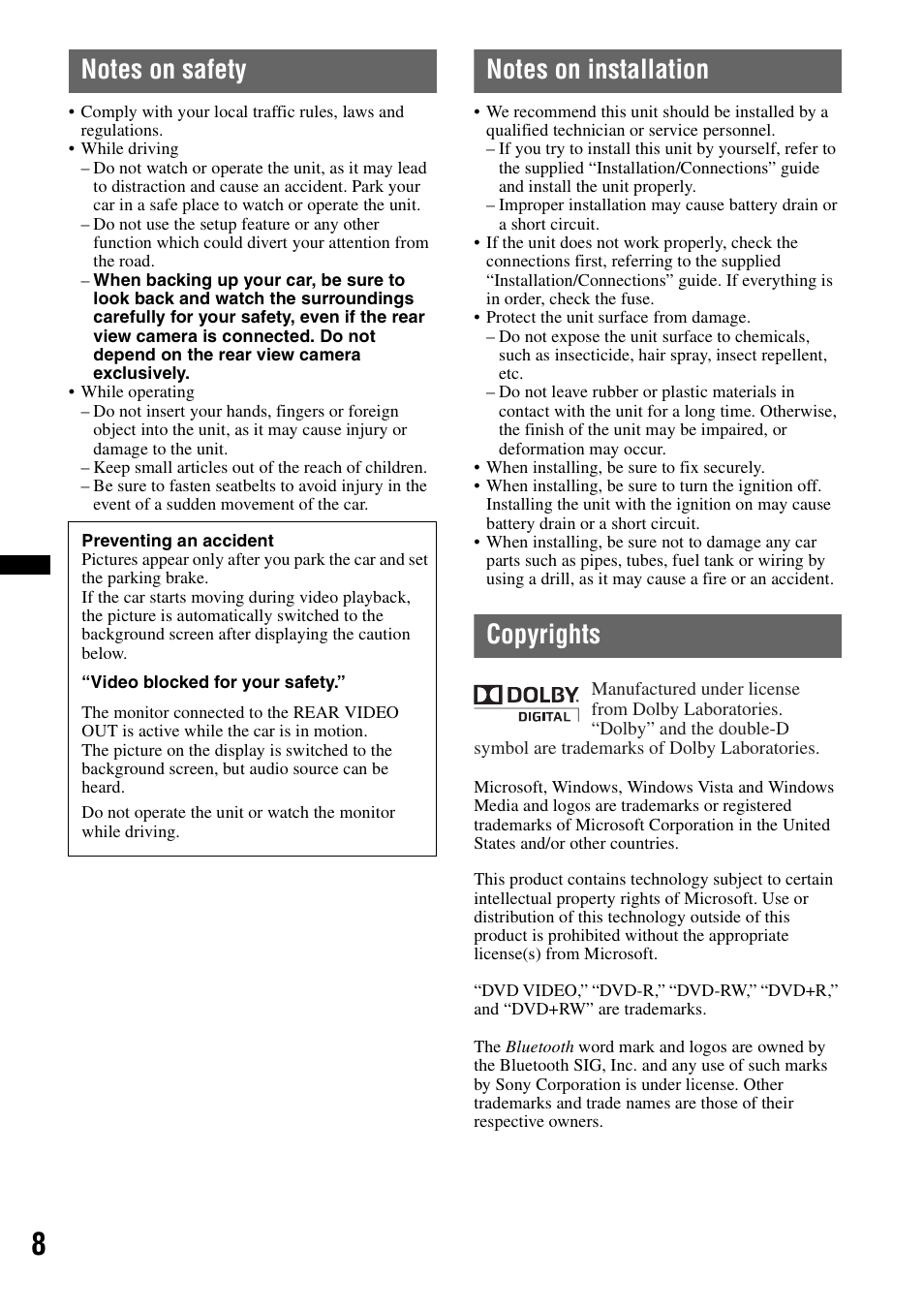 Notes on safety, Notes on installation, Copyrights | Sony XNV-770BT User Manual | Page 8 / 240