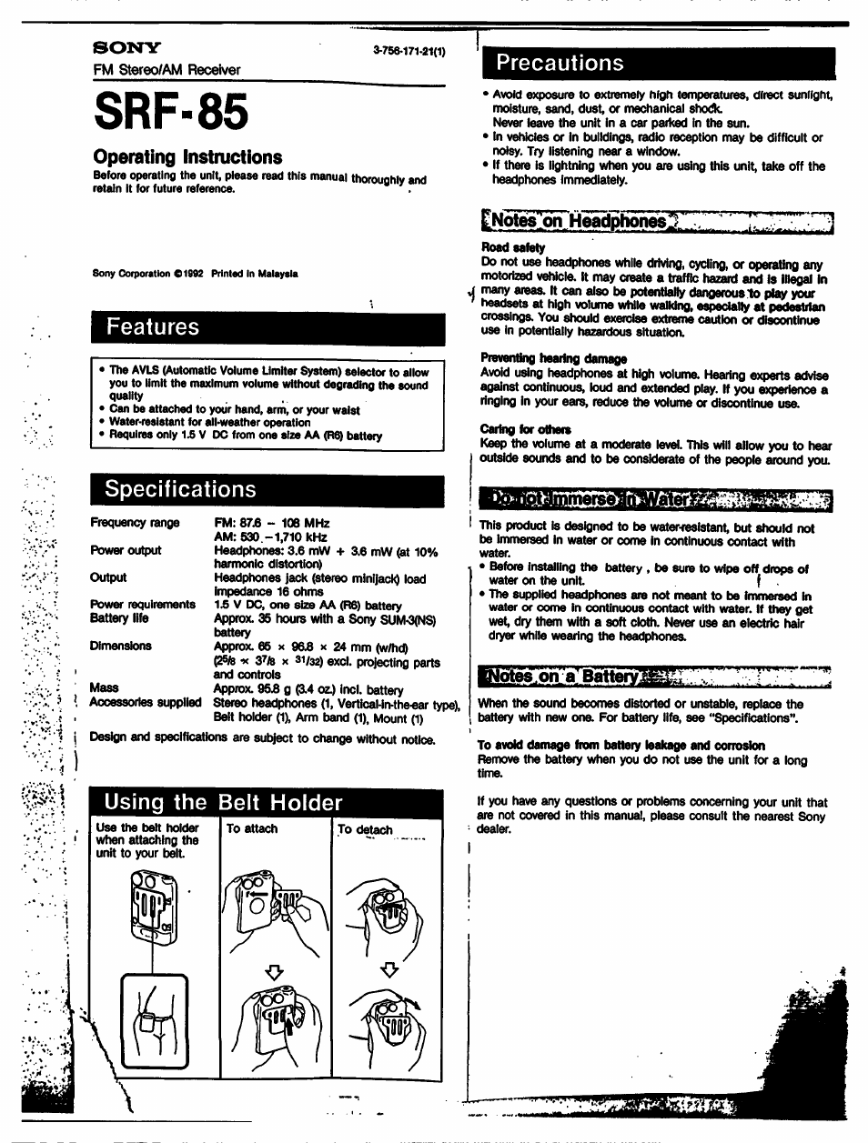 Sony SRF-85 User Manual | 5 pages