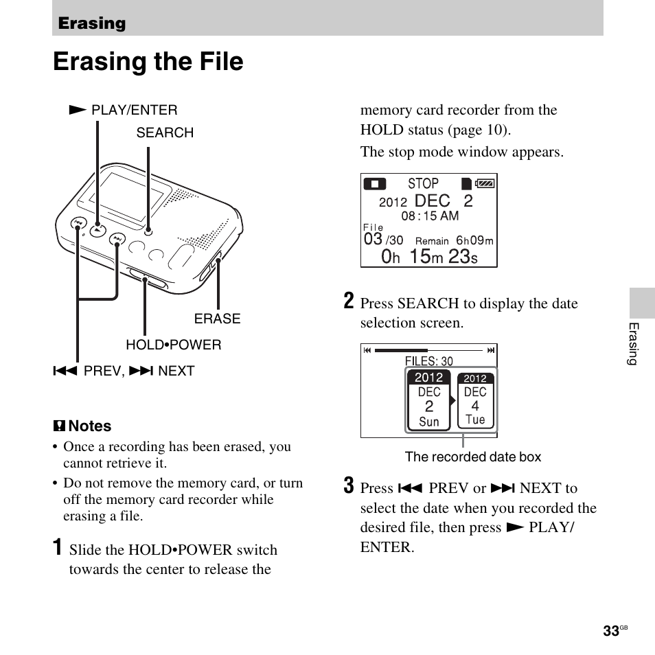 Erasing, Erasing the file | Sony ICD-LX30 User Manual | Page 33 / 59