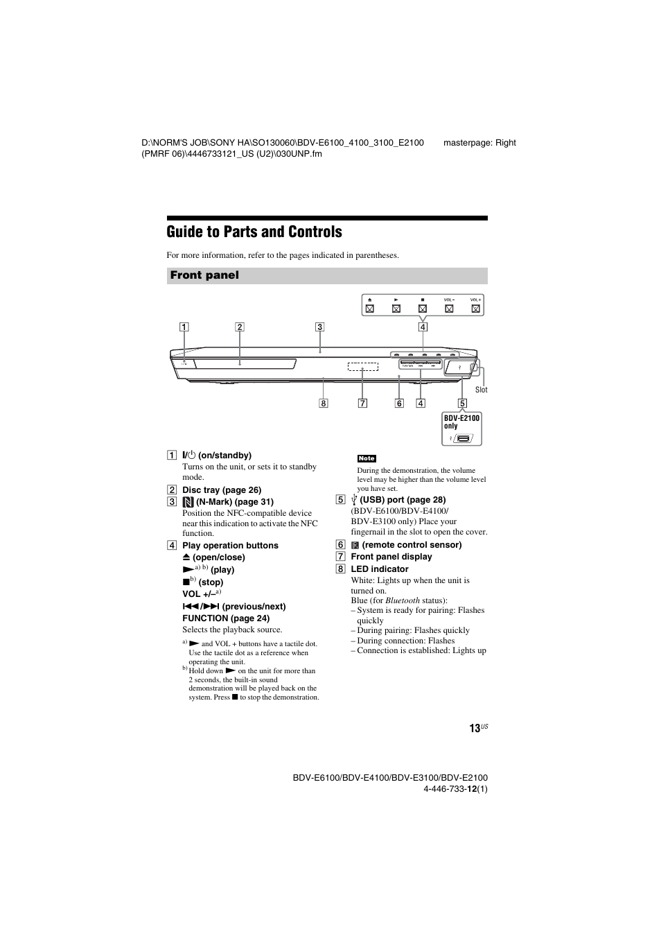 Guide to parts and controls | Sony BDV-E2100 User Manual | Page 13 / 72