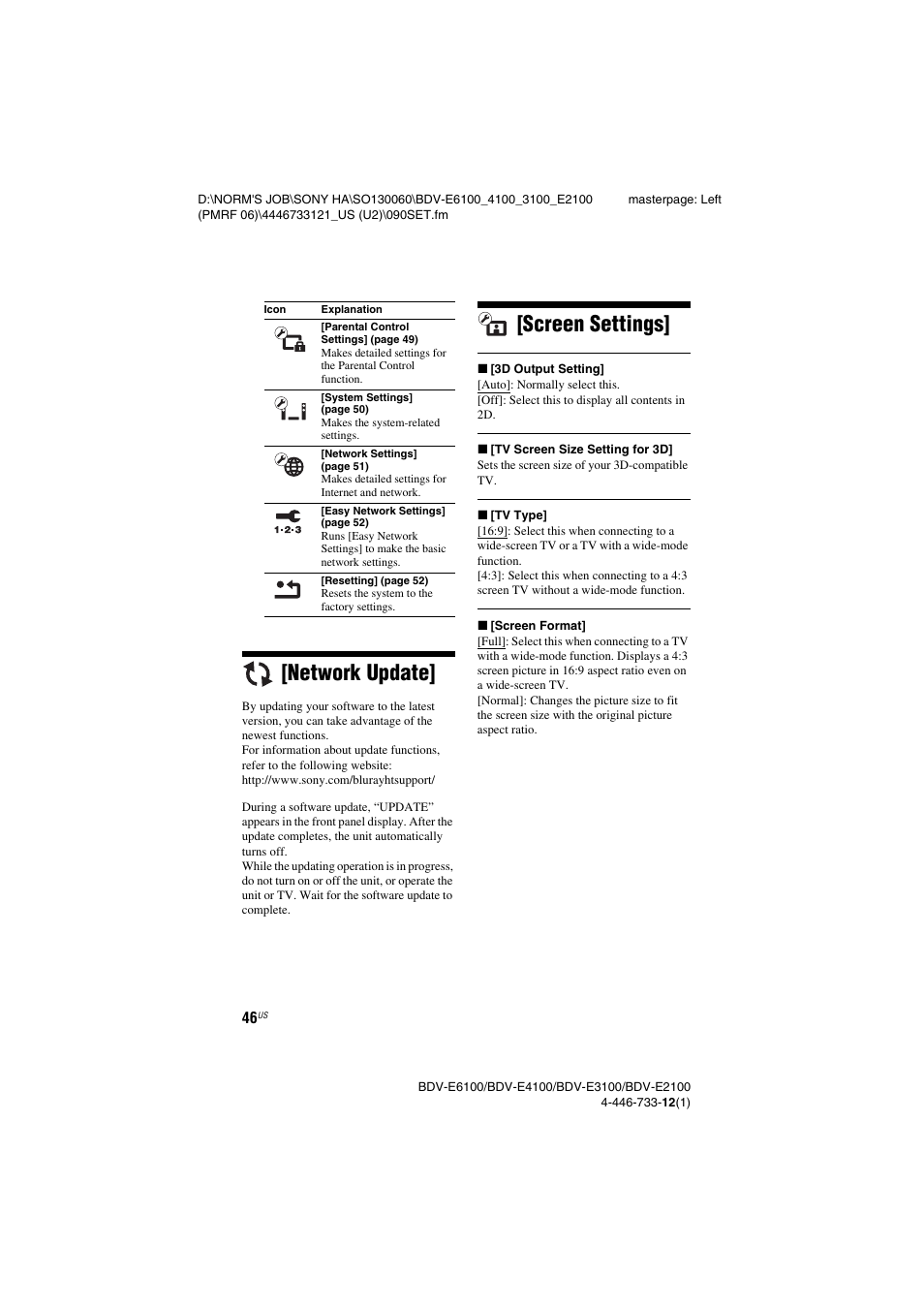 Network update, Screen settings, Network update] [screen settings | Sony BDV-E2100 User Manual | Page 46 / 72