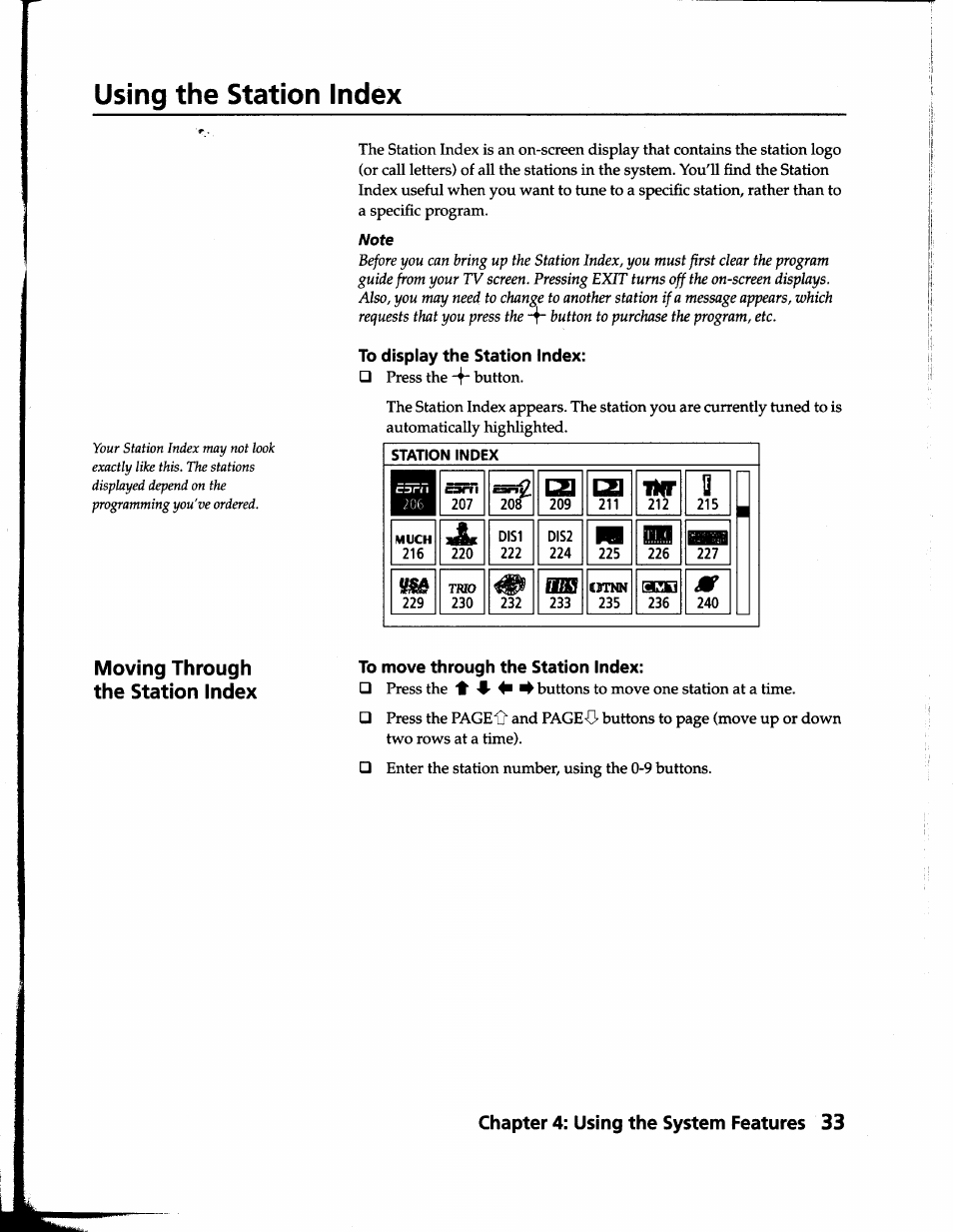 Using the station index, To display the station index, To move through the station index | Msa m, Chapter 4: using the system features 33 | Sony SAT-B1 User Manual | Page 31 / 74