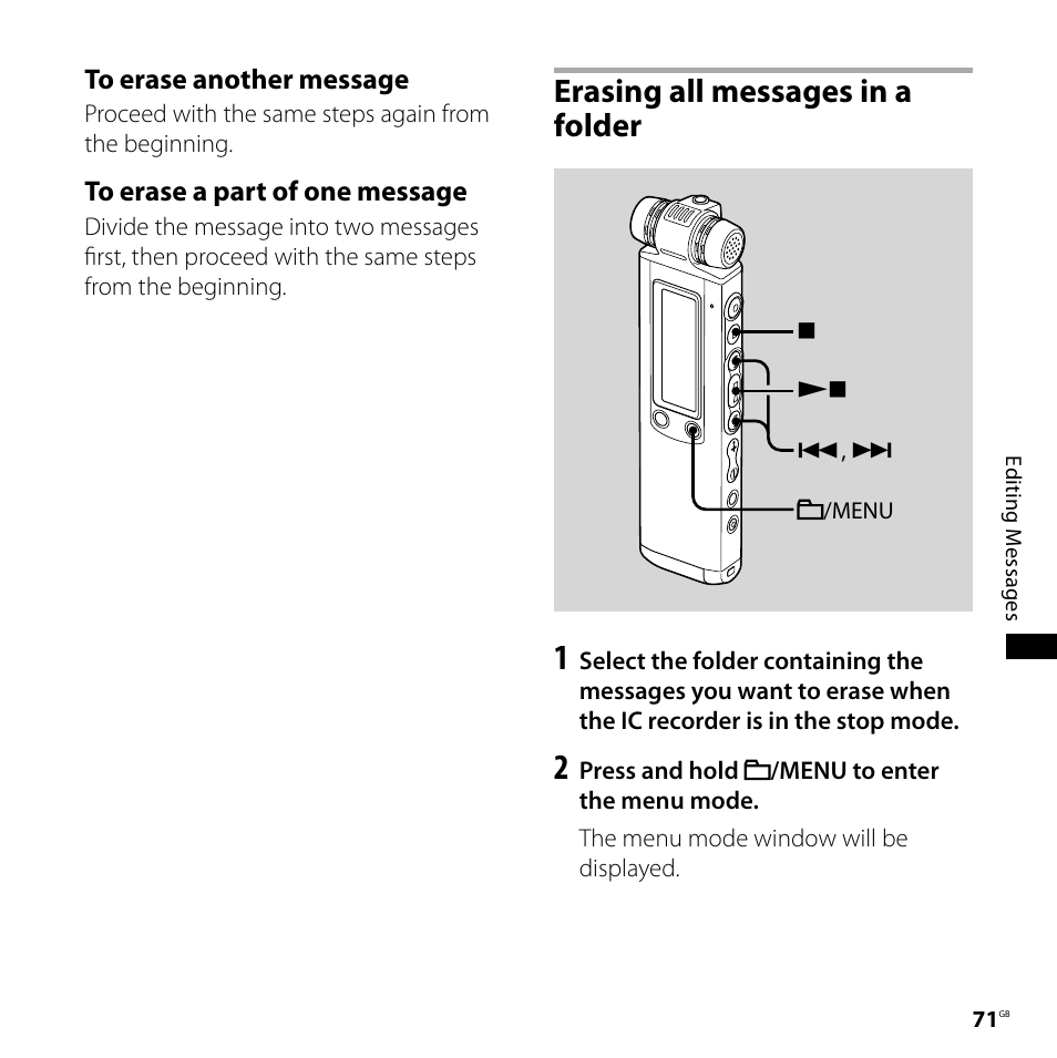 Erasing all messages in a folder | Sony ICD-SX700D User Manual | Page 71 / 134