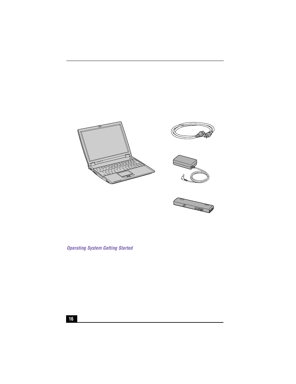 Unpacking your notebook, Hardware, Main unit | Power cord, Ac adapter, Manuals, Vaio® quick start, Operating system getting started, Software cds, Microsoft® word 2000 | Sony PCG-R505TEK User Manual | Page 16 / 150
