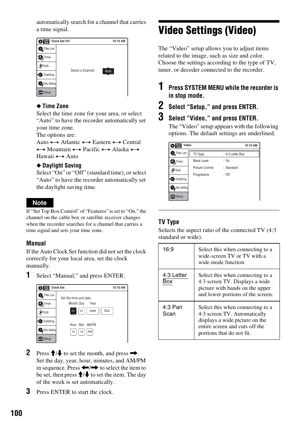Video settings (video), Manual, Select “setup,” and press enter | Select “video,” and press enter, Tv type, Select “manual,” and press enter, Press enter to start the clock | Sony RDR-VX521 User Manual | Page 100 / 132