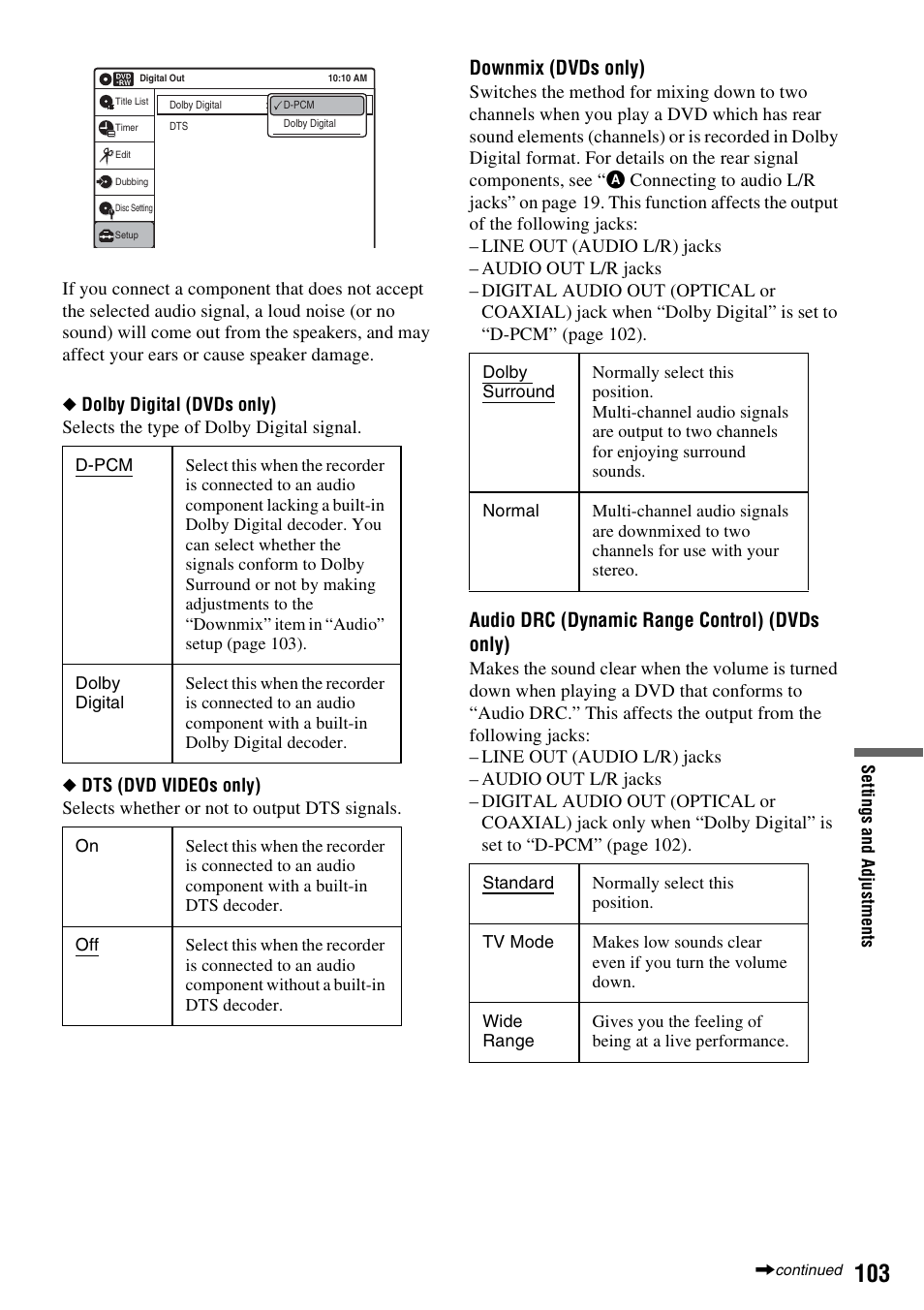 Downmix (dvds only), Audio drc (dynamic range control) (dvds only) | Sony RDR-VX521 User Manual | Page 103 / 132
