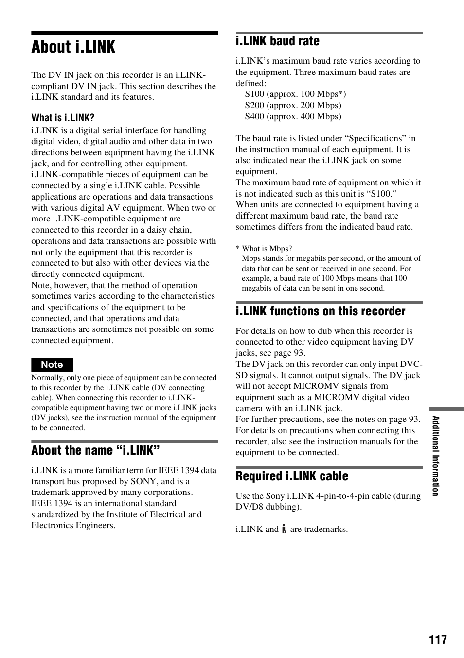 About i.link, About the name “i.link, I.link baud rate | I.link functions on this recorder, Required i.link cable | Sony RDR-VX521 User Manual | Page 117 / 132