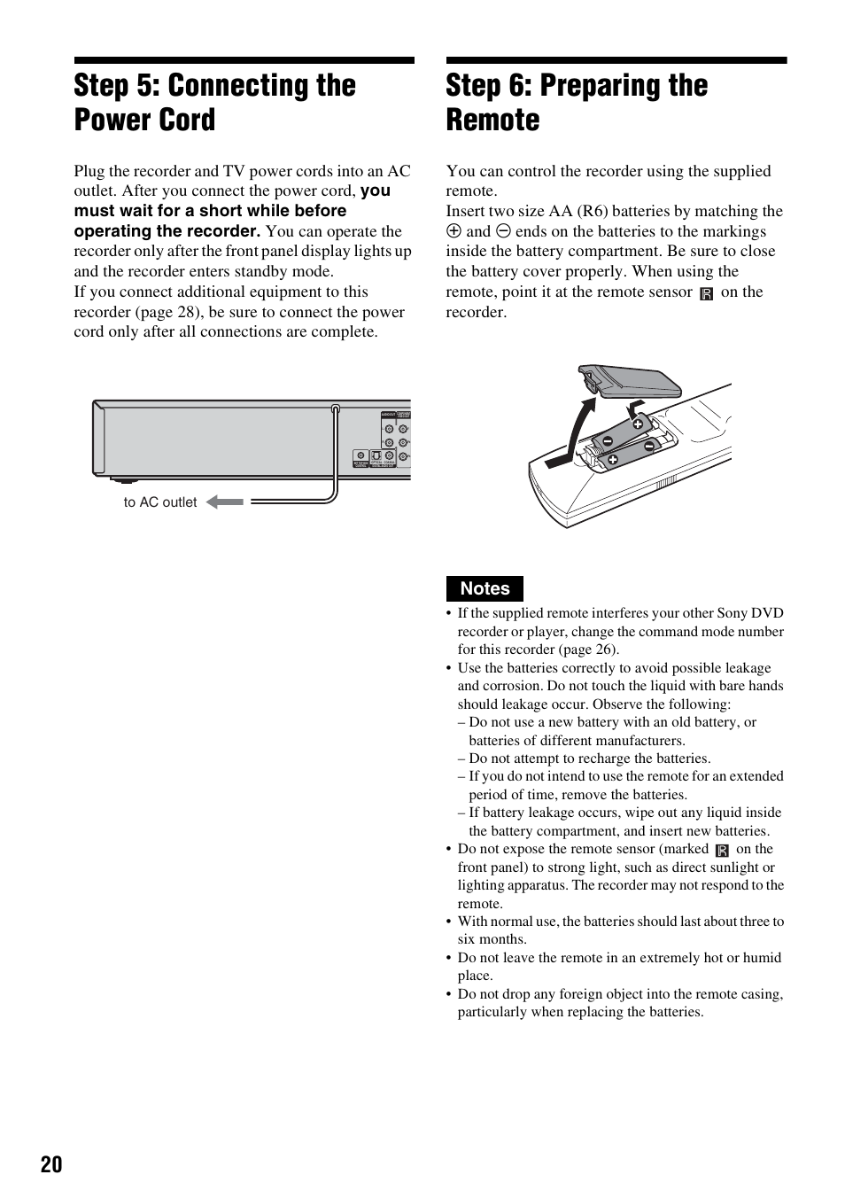 Step 5: connecting the power cord, Step 6: preparing the remote | Sony RDR-VX521 User Manual | Page 20 / 132
