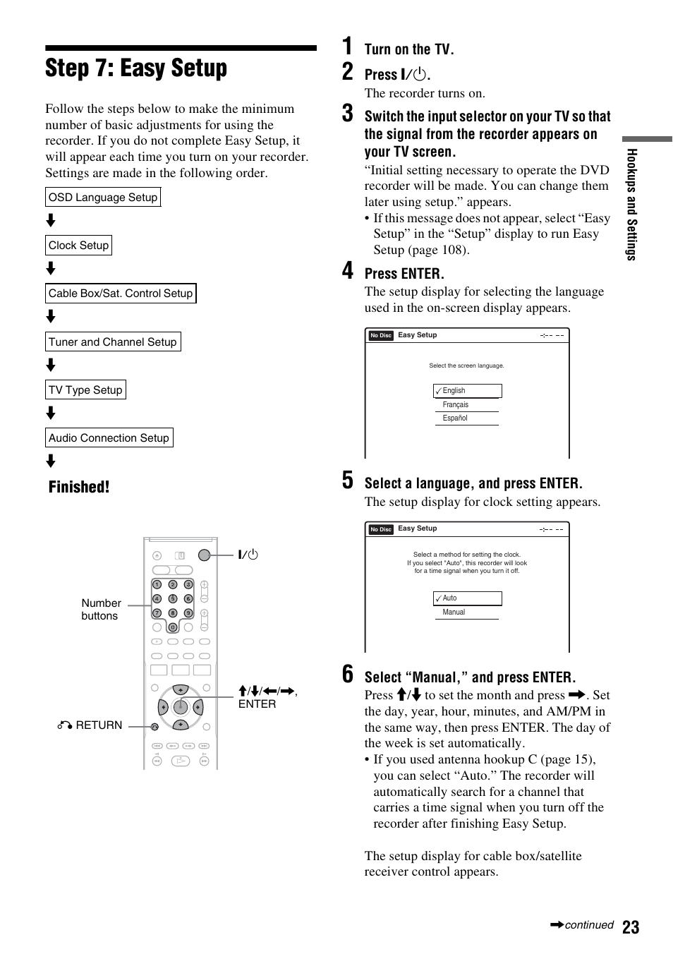 Step 7: easy setup, Finished | Sony RDR-VX521 User Manual | Page 23 / 132