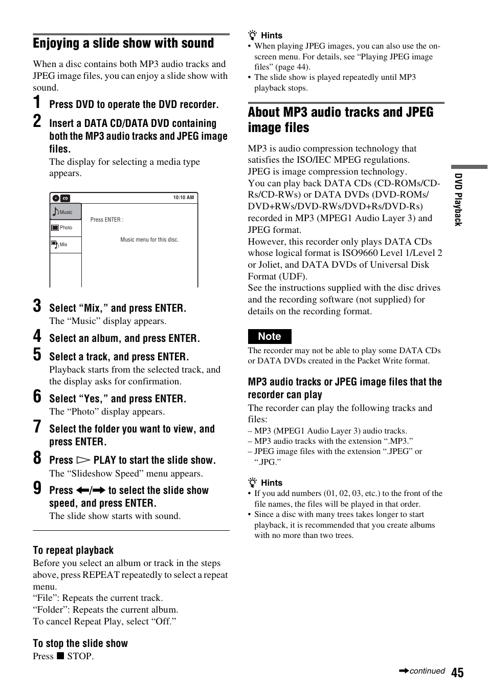 Enjoying a slide show with sound, About mp3 audio tracks and jpeg image files | Sony RDR-VX521 User Manual | Page 45 / 132