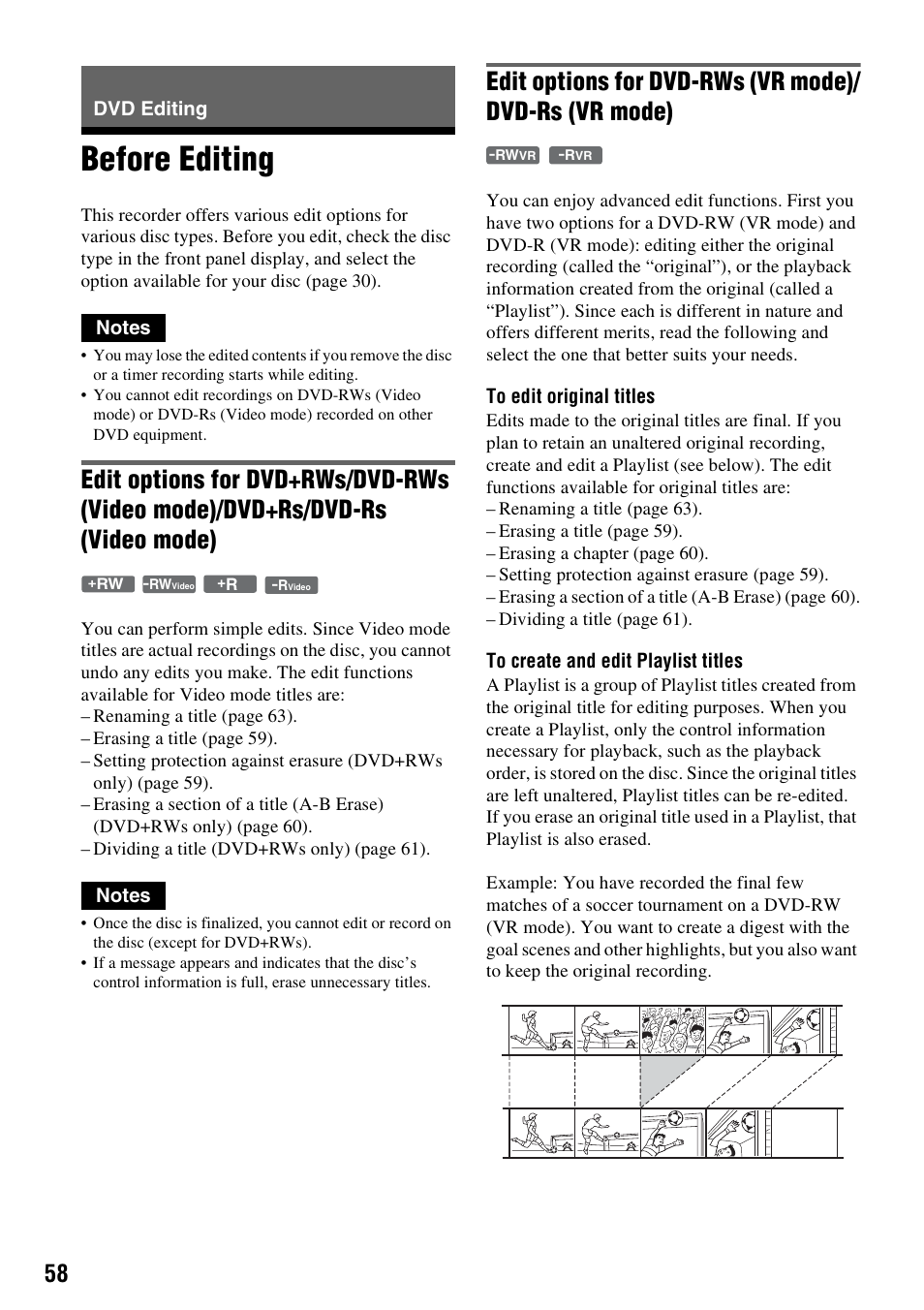 Dvd editing, Before editing | Sony RDR-VX521 User Manual | Page 58 / 132