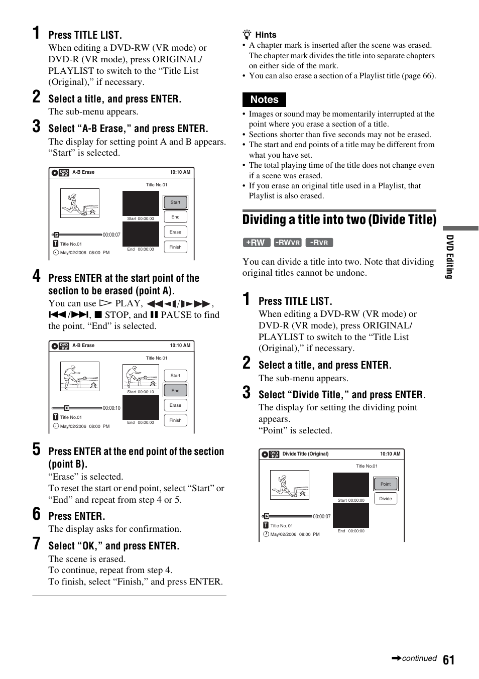 Dividing a title into two (divide title), Press title list, Select a title, and press enter | Select “a-b erase,” and press enter, Press enter, Select “ok,” and press enter, Select “divide title,” and press enter | Sony RDR-VX521 User Manual | Page 61 / 132