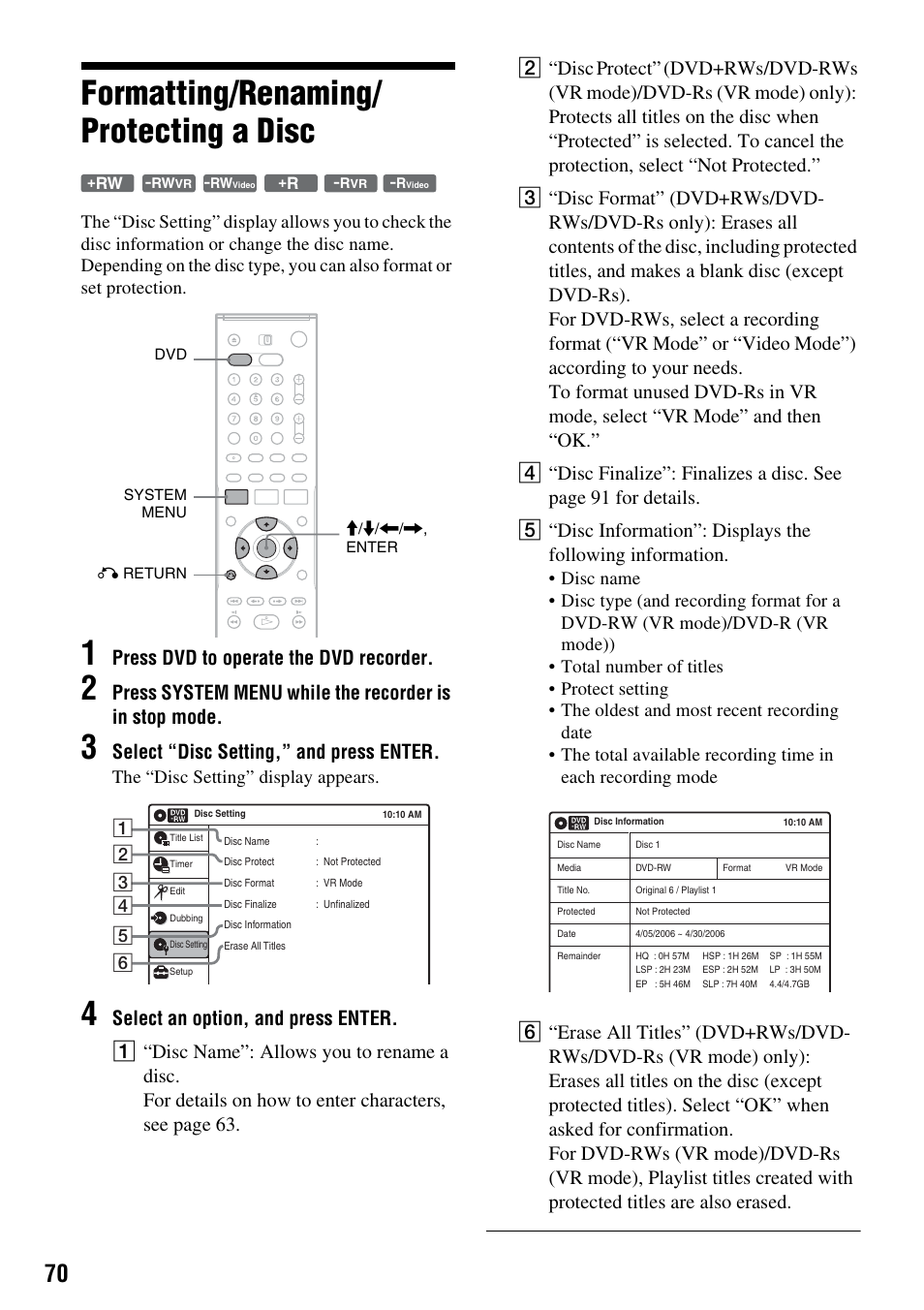 Formatting/renaming/ protecting a disc, Formatting/renaming/protecting a disc, Press dvd to operate the dvd recorder | Select “disc setting,” and press enter, The “disc setting” display appears | Sony RDR-VX521 User Manual | Page 70 / 132