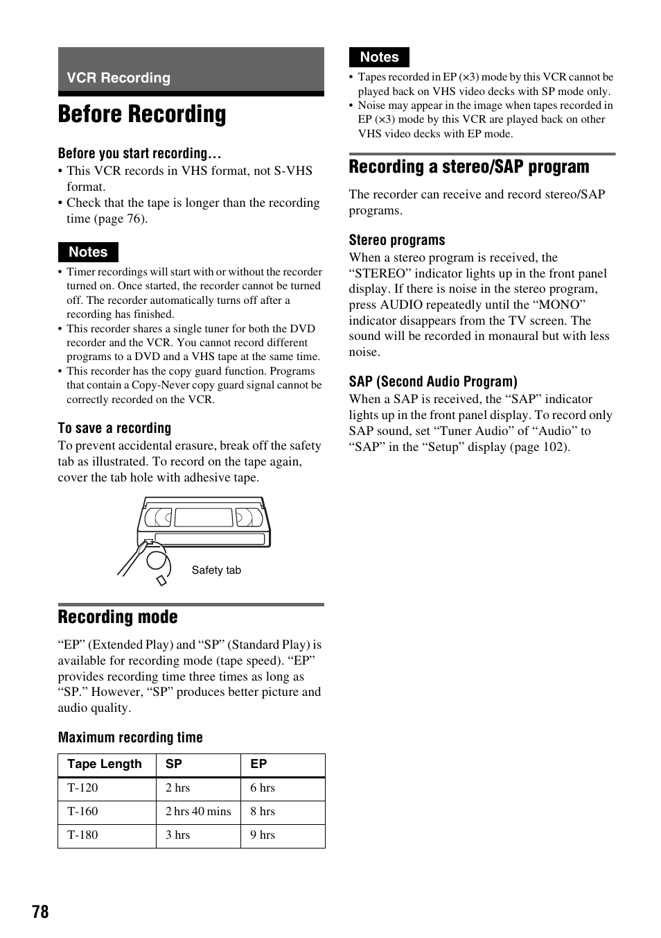 Vcr recording, Before recording, Recording mode | Recording a stereo/sap program | Sony RDR-VX521 User Manual | Page 78 / 132