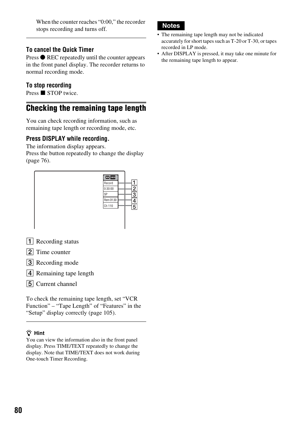 Checking the remaining tape length | Sony RDR-VX521 User Manual | Page 80 / 132