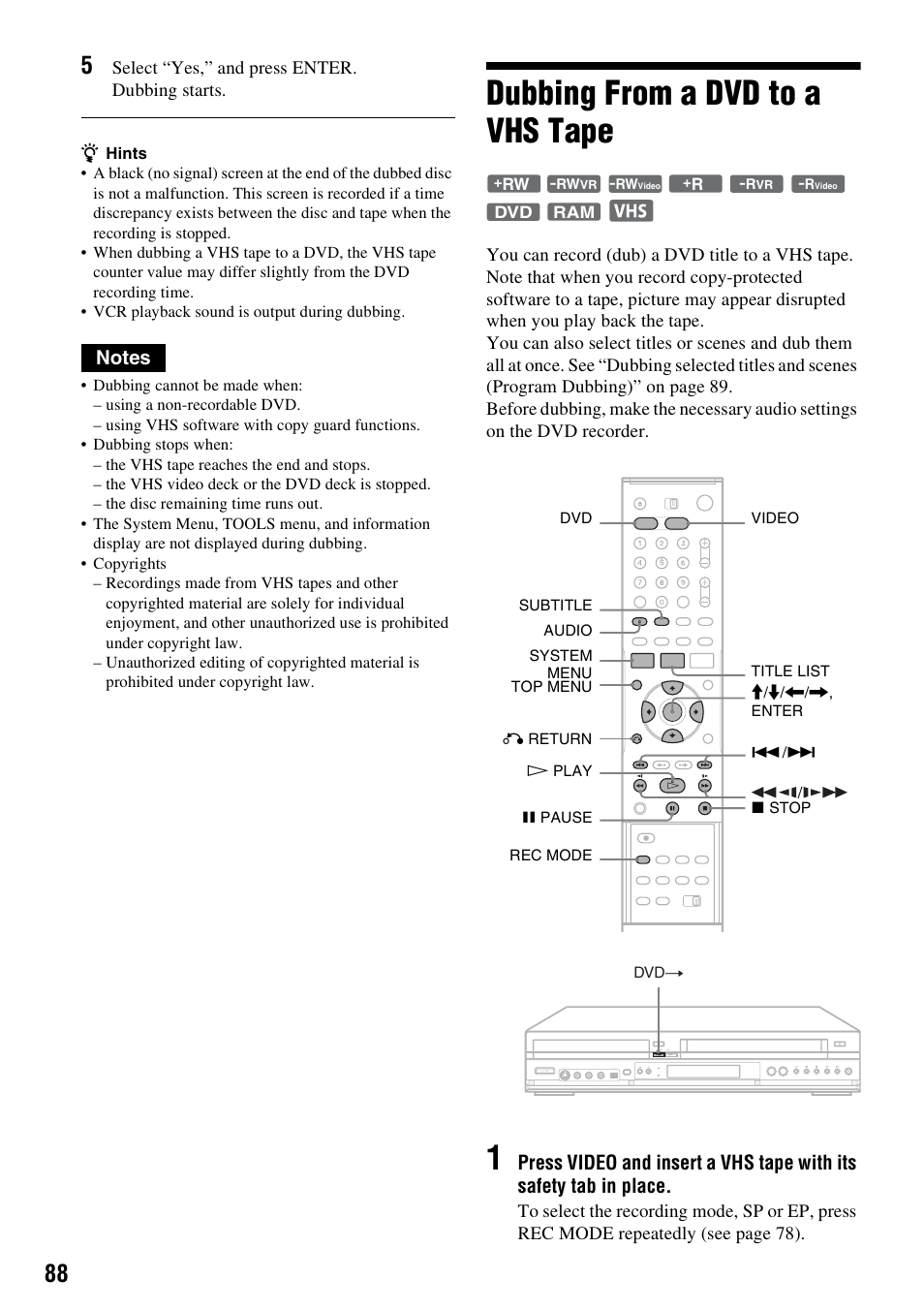 Dubbing from a dvd to a vhs tape | Sony RDR-VX521 User Manual | Page 88 / 132