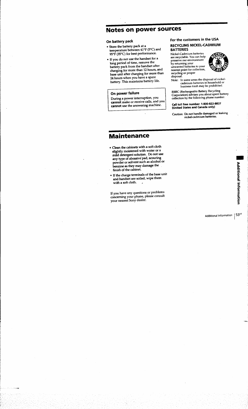 Notes on power sources, On battery pack, For the customers in the usa | Recycling nickel-cadmium batteries, Maintenance | Sony SPP-A973 User Manual | Page 53 / 115
