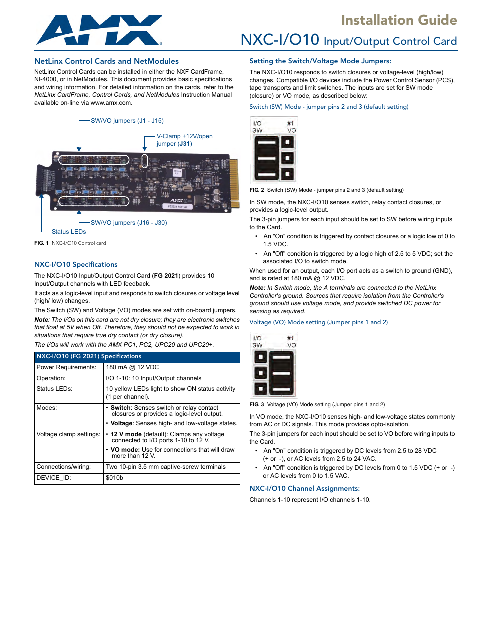 AMX Input/Output Control Card NXC-I/O10 User Manual | 2 pages