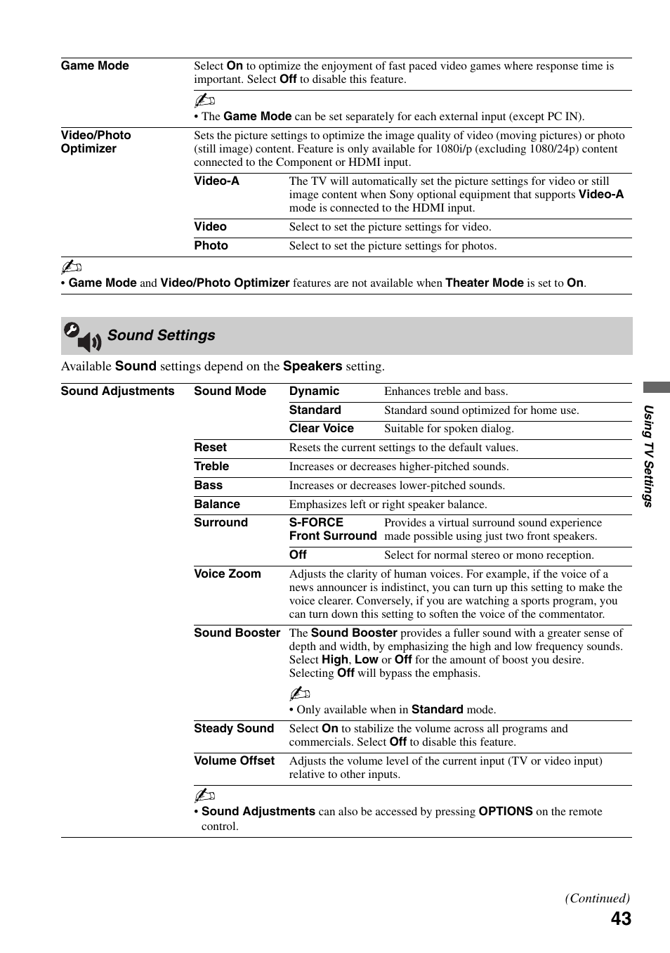 Sound settings | Sony KDL-52XBR7 User Manual | Page 43 / 60