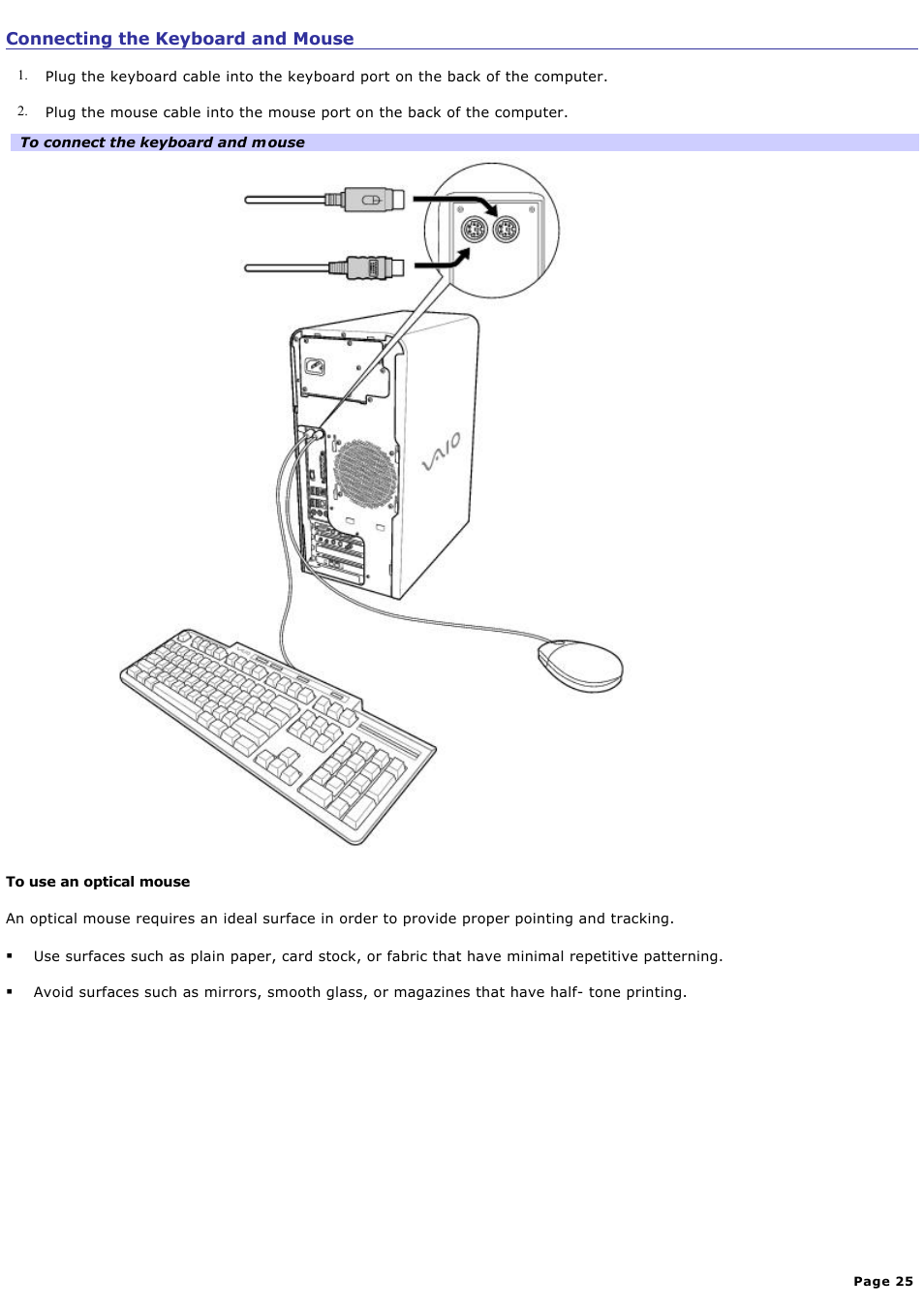 Connecting the keyboard and mouse | Sony PCV-RS411 User Manual | Page 25 / 146