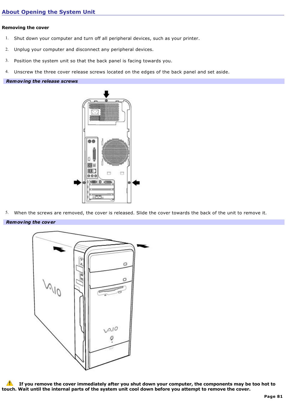 About opening the system unit | Sony PCV-RS411 User Manual | Page 81 / 146