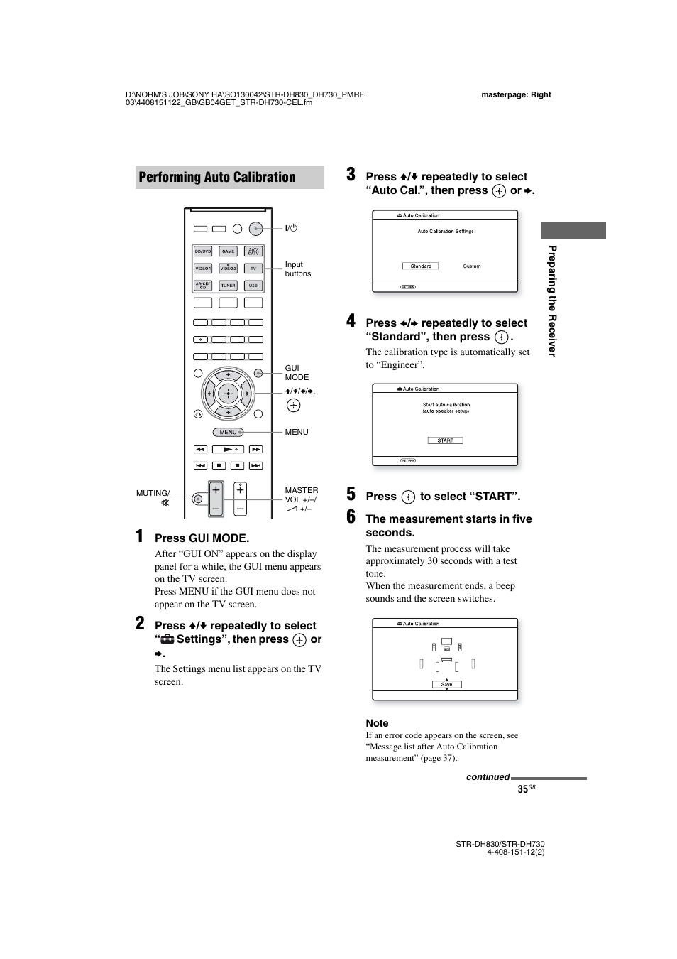 Performing auto calibration | Sony STRDH830 User Manual | Page 35 / 88