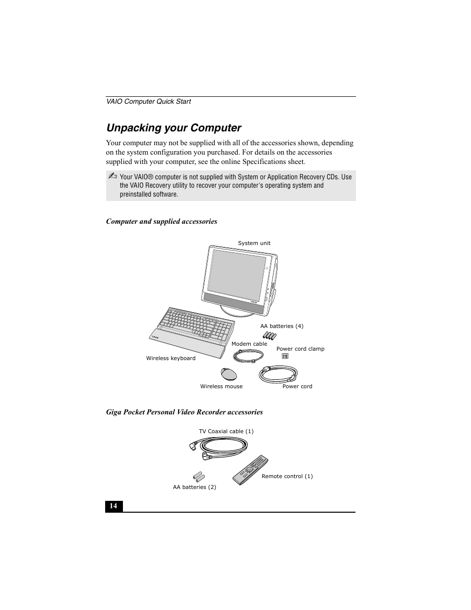 Unpacking your computer | Sony PCV-V100G User Manual | Page 14 / 48
