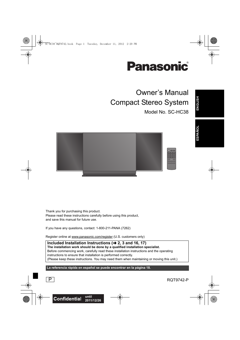 Panasonic SC-HC38 User Manual | 20 pages