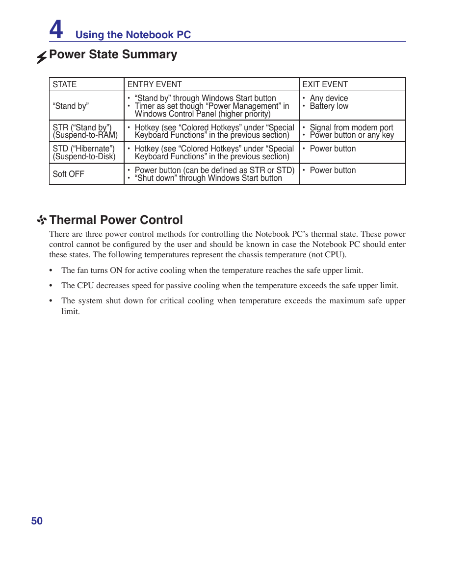 Power state summary, Thermal power control | Asus E2915 User Manual | Page 50 / 71