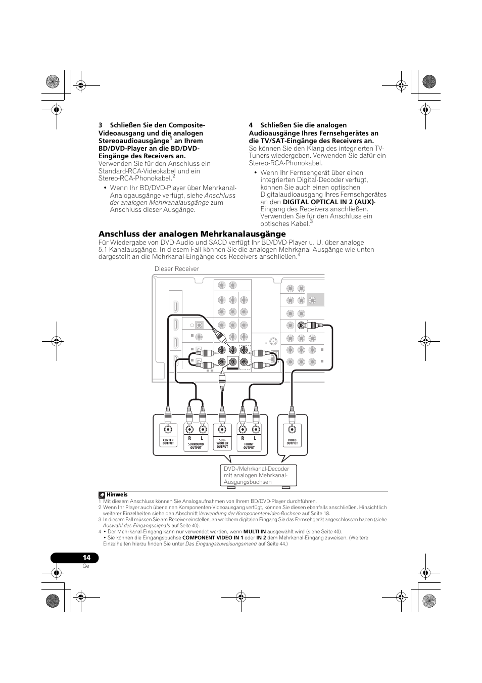 Anschluss der analogen mehrkanalausgänge, Anschluss der analogen, Mehrkanalausgänge | Dieser receiver, Hinweis | Pioneer VSX-819H-S User Manual | Page 84 / 282