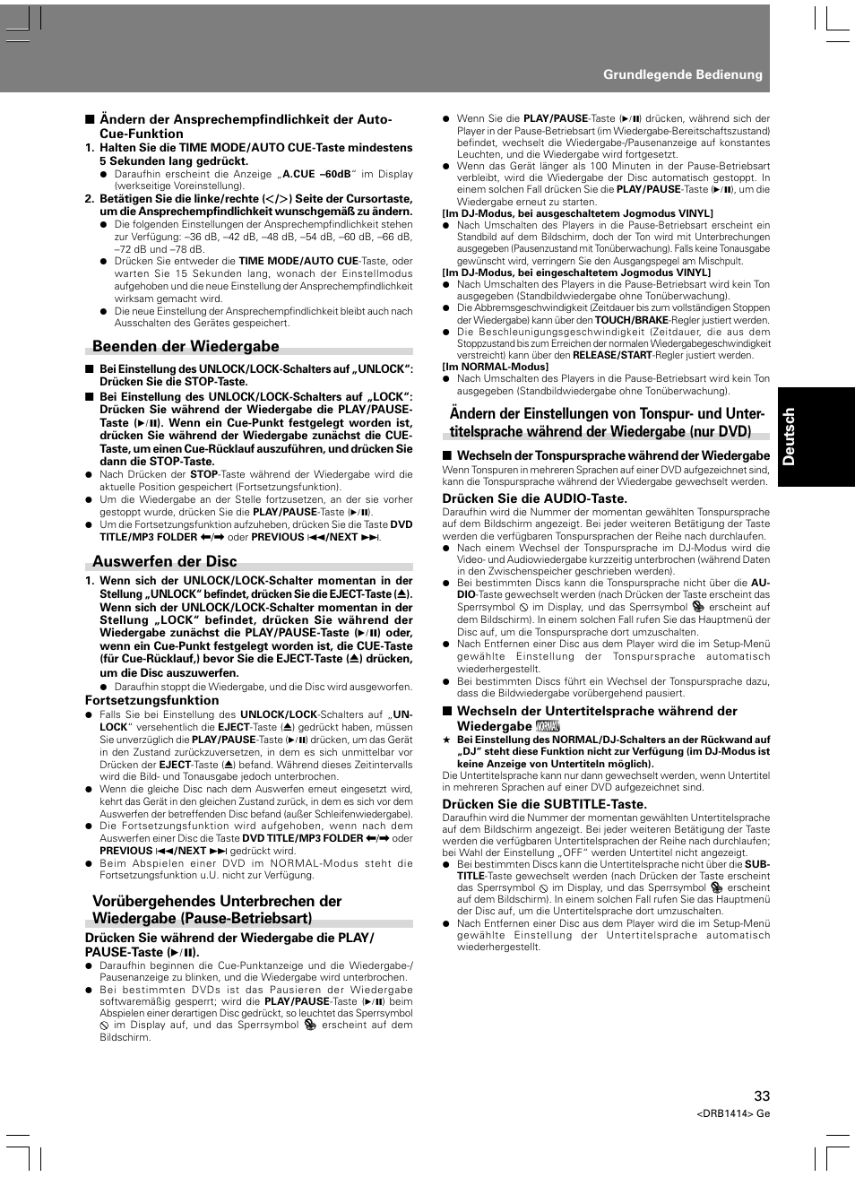 Deutsch, Beenden der wiedergabe, Auswerfen der disc | Pioneer DVJ-1000 User Manual | Page 143 / 319