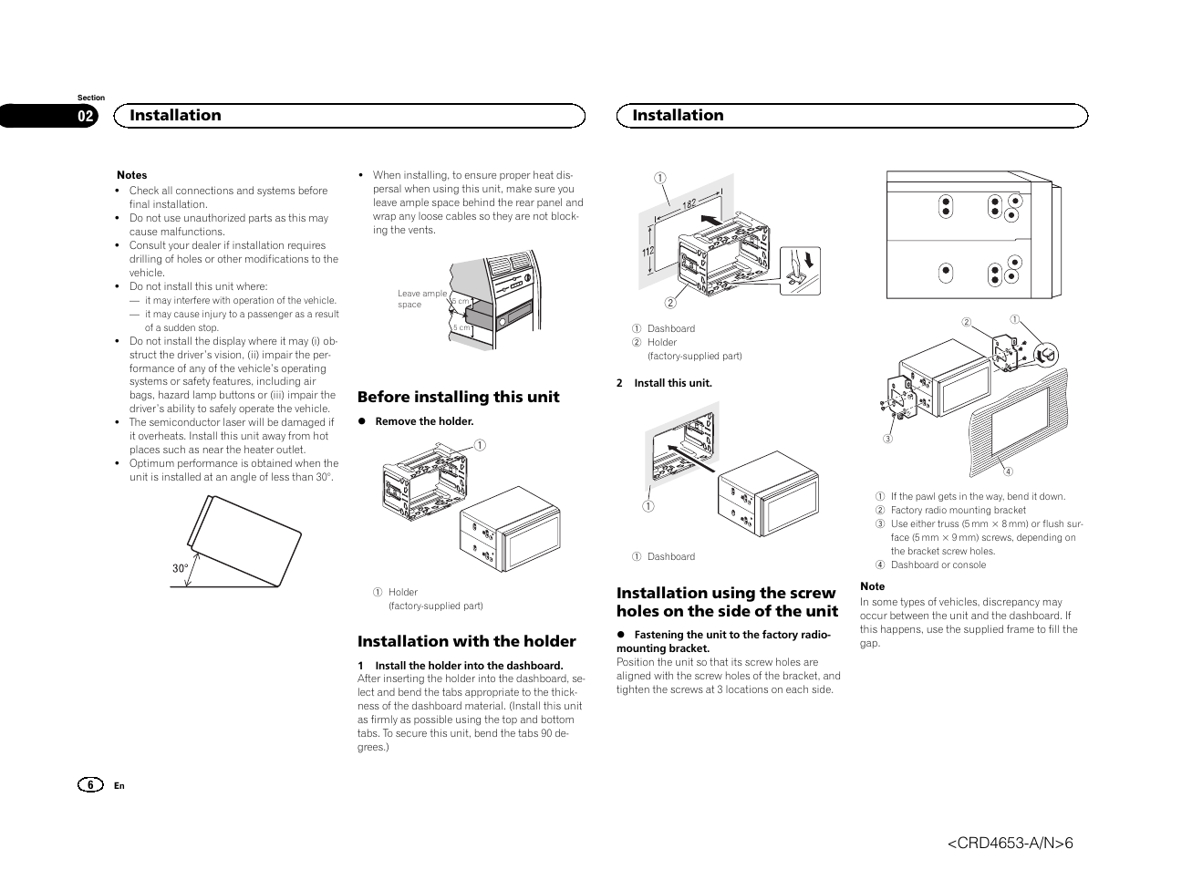 Before installing this unit, Installation with the holder, Installation | Pioneer AVH-X1500DVD User Manual | Page 6 / 40
