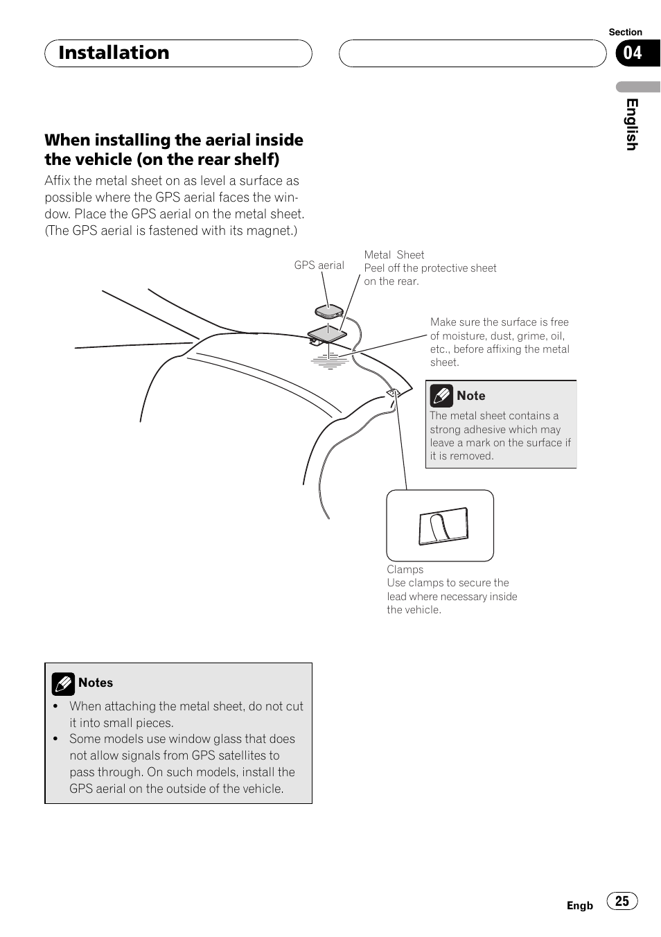 When installing the aerial inside the, Vehicle (on the rear shelf), Installation | Pioneer AVIC F900BT User Manual | Page 25 / 177