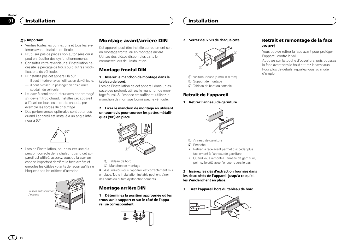 Français, Montage avant/arrière din, Installation | Pioneer DEH-X9500BT User Manual | Page 6 / 32