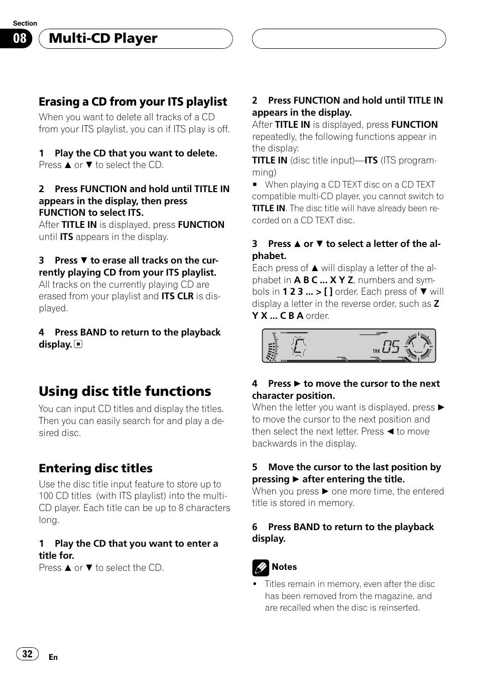 Erasing a cd from your its, Playlist 32, Using disc title functions 32 | Entering disc titles 32, Using disc title functions, Multi-cd player, Erasing a cd from your its playlist, Entering disc titles | Pioneer DEH-P6700MP User Manual | Page 32 / 108
