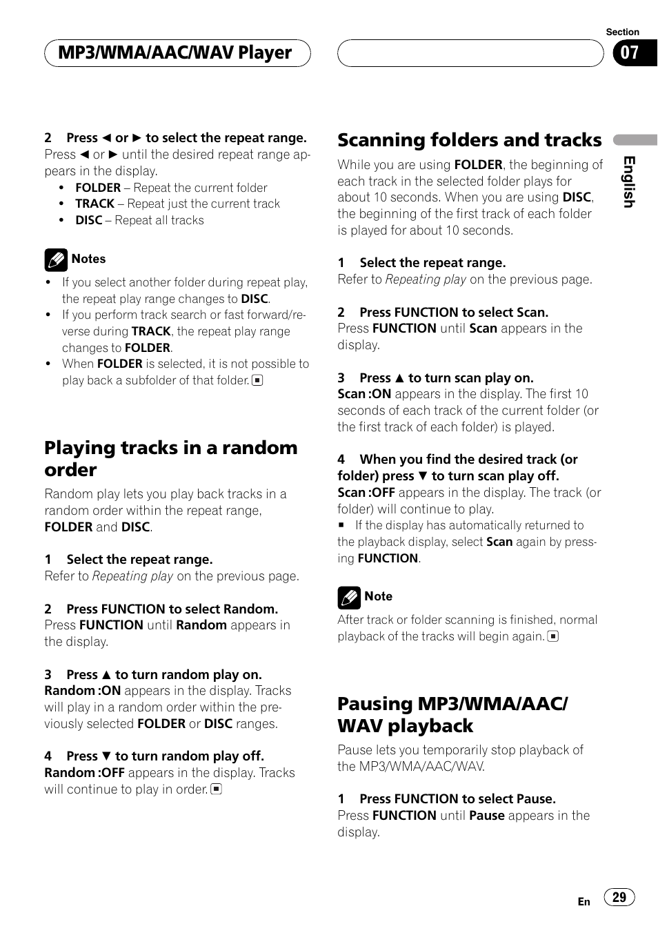 Playingtracks in a random order, Scanningfolders and tracks, Pausingmp3/wma/aac/ wav playback | Mp3/wma/aac/wav player | Pioneer DEH-P7700MP User Manual | Page 29 / 133