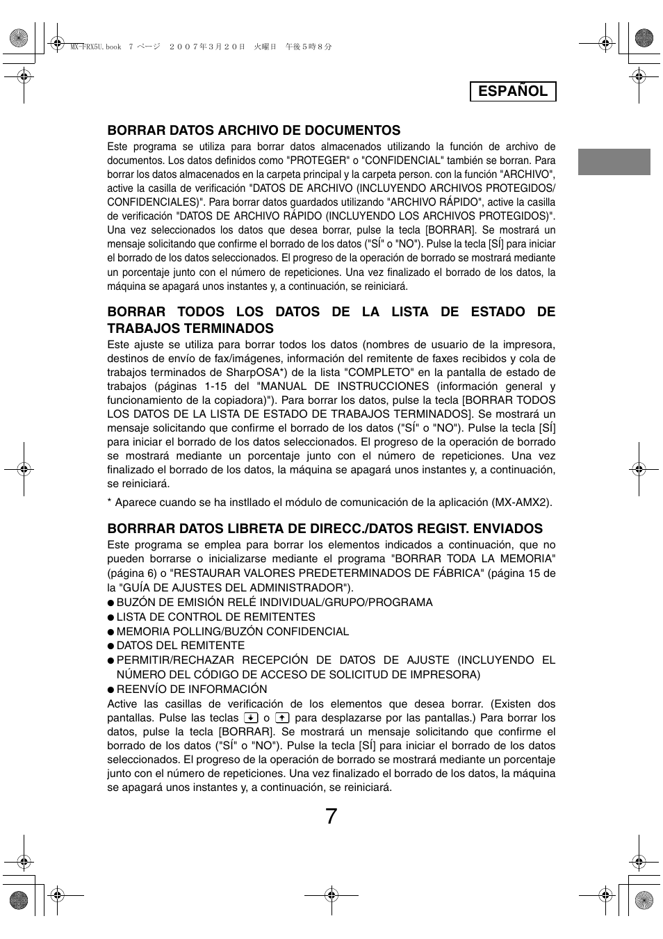 Español, Borrar datos archivo de documentos | Sharp Funkcja identyfikacji użytkownika User Manual | Page 21 / 184