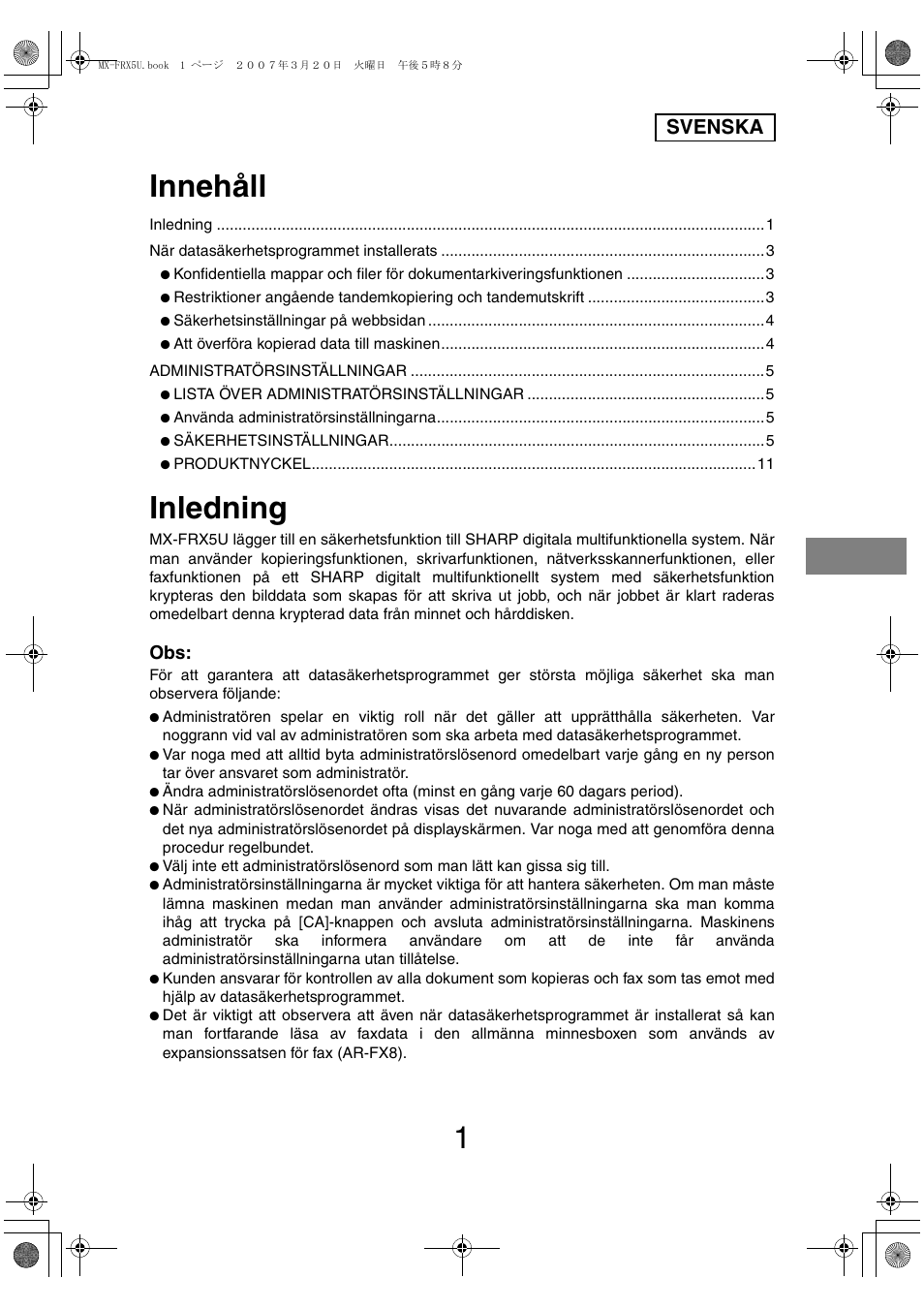 Innehåll, Inledning, Svenska | Sharp Funkcja identyfikacji użytkownika User Manual | Page 75 / 184