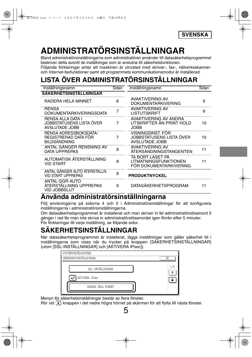 Administratörsinställningar, Säkerhetsinställningar, Svenska | Sharp Funkcja identyfikacji użytkownika User Manual | Page 79 / 184