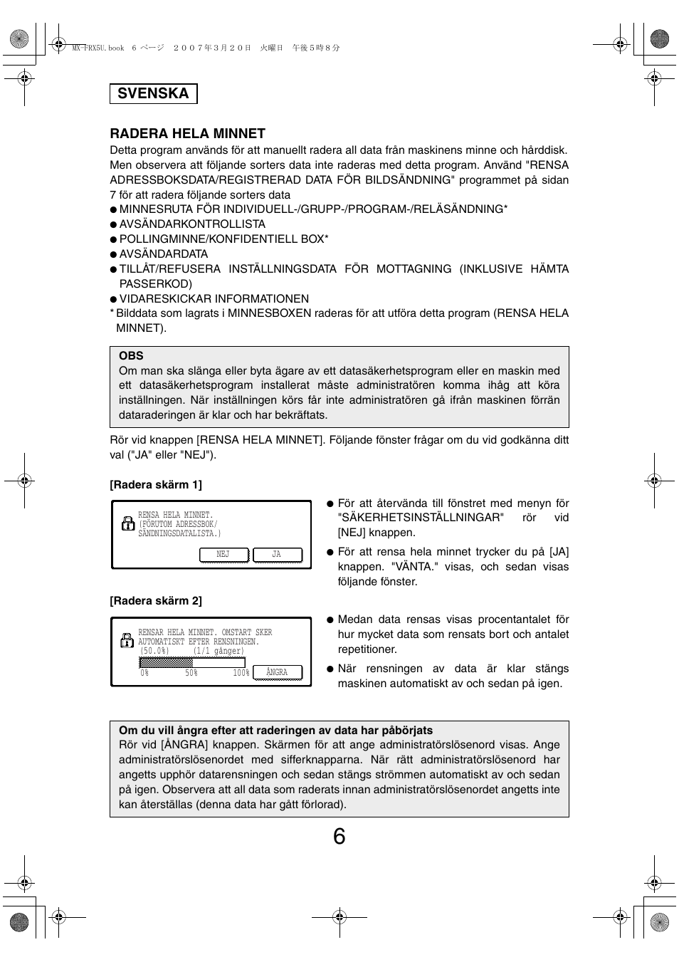 Svenska, Radera hela minnet | Sharp Funkcja identyfikacji użytkownika User Manual | Page 80 / 184